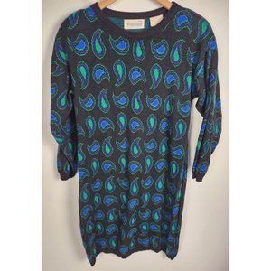 Vtg. Pending Women's Sz. M  Black Green Blue Paisley Sweater Dress